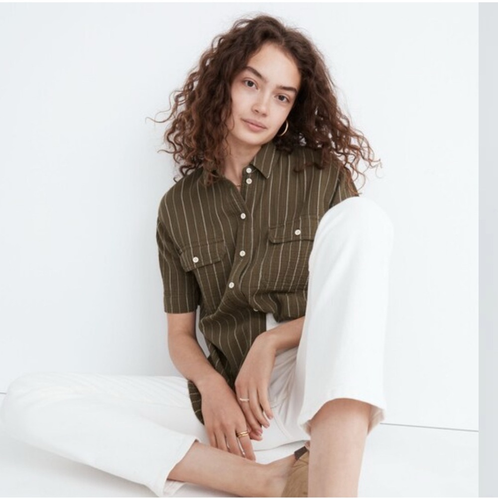 Madewell Dark Olive Striped Casual Shirt